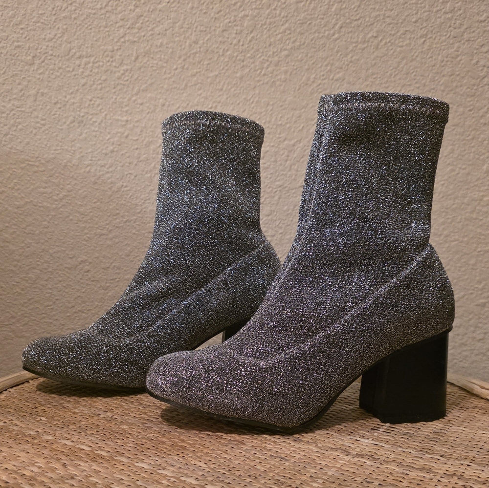 Topshop Stretch Socks Glittering Silver Ankle Boots - Picture 6 of 11